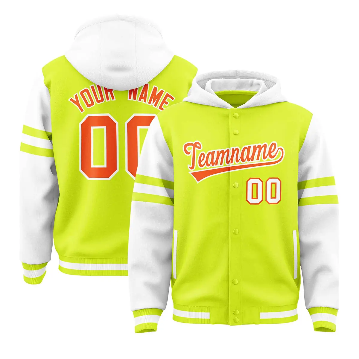 Fluorescent Green White Varsity Letterman Hoodie Jacket Raglan Three Stripes