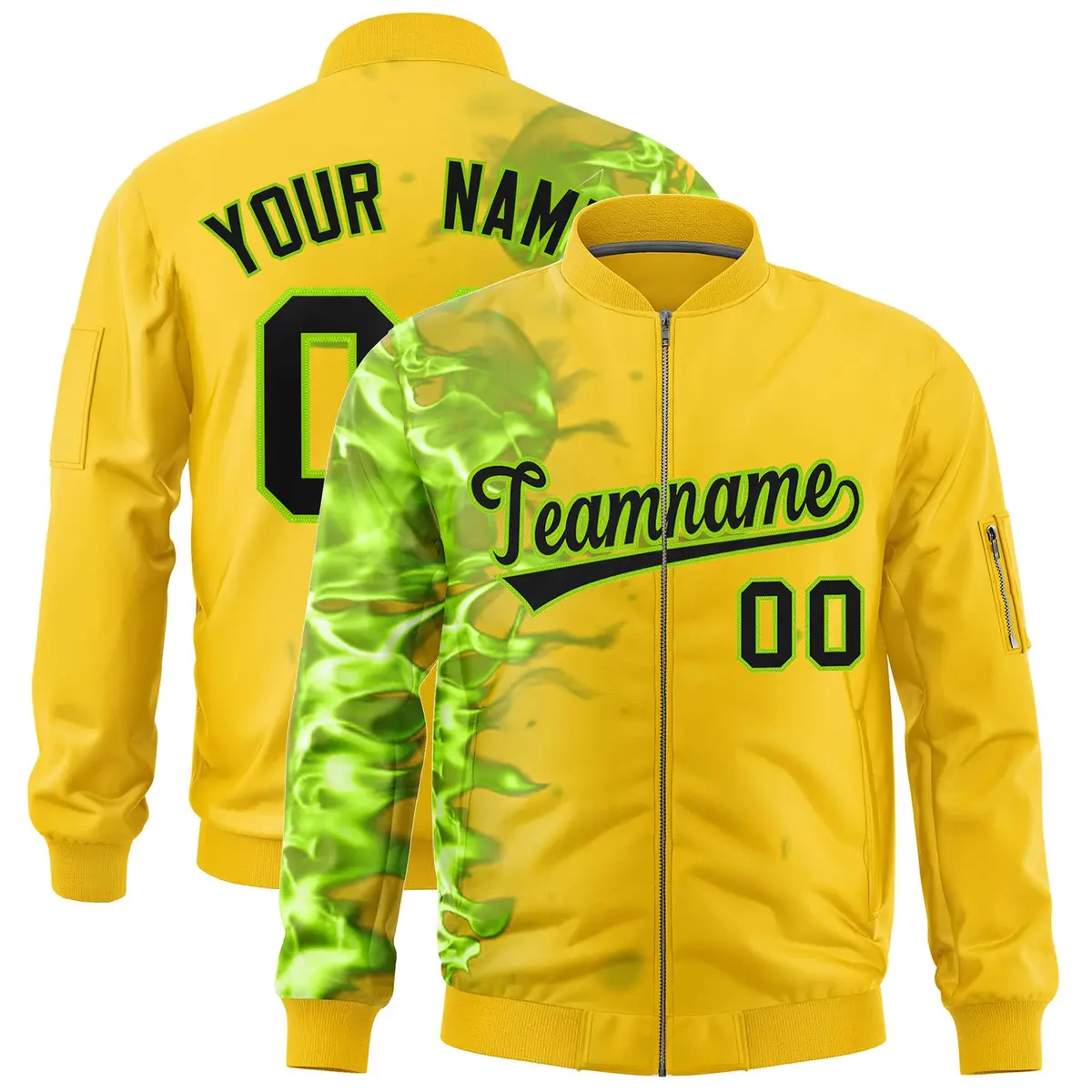 Gold 3D Flame Full-Zip Varsity Letterman Bomber Jacket
