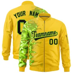 Gold 3D Flame Full-Zip Varsity Letterman Bomber Jacket 1