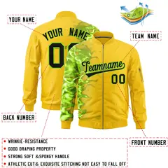 Gold 3D Flame Full-Zip Varsity Letterman Bomber Jacket 2