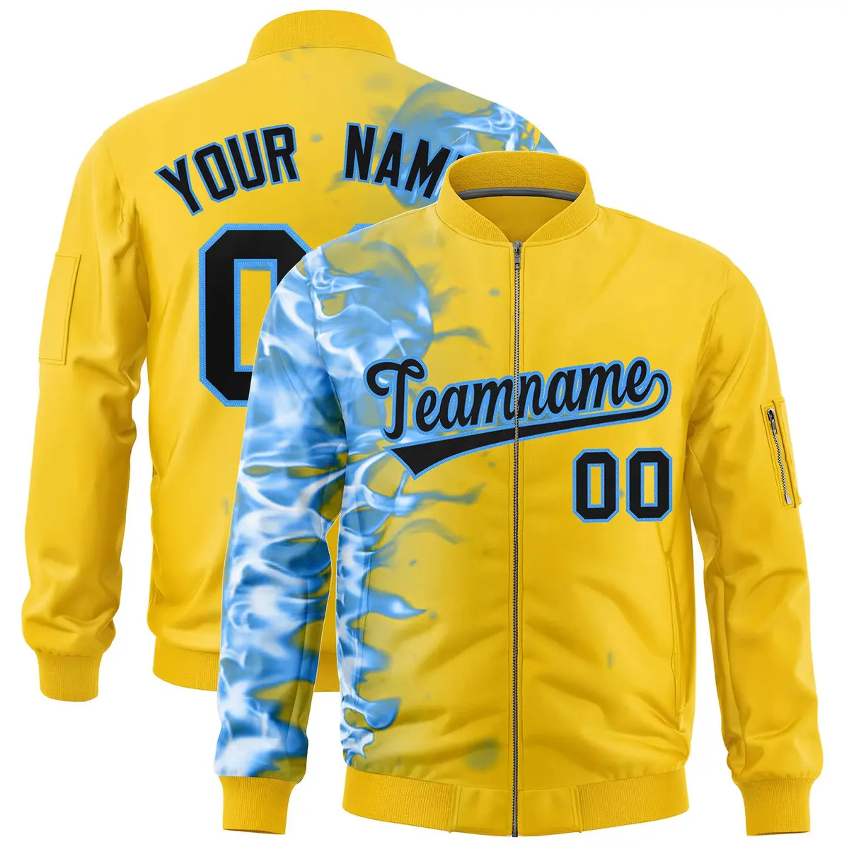 Gold 3D Flame Full-Zip Varsity Letterman Bomber Jacket