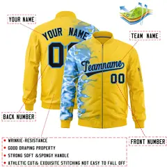 Gold 3D Flame Full-Zip Varsity Letterman Bomber Jacket 2
