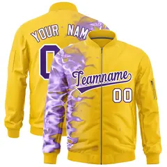 Gold 3D Flame Full-Zip Varsity Letterman Bomber Jacket 1