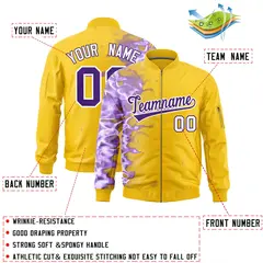 Gold 3D Flame Full-Zip Varsity Letterman Bomber Jacket 2