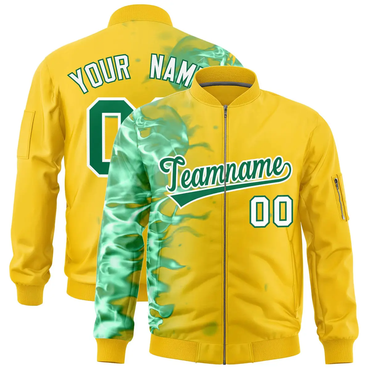 Gold 3D Flame Full-Zip Varsity Letterman Bomber Jacket