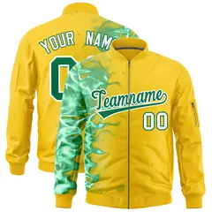 Gold 3D Flame Full-Zip Varsity Letterman Bomber Jacket 1