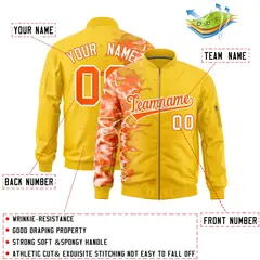 Gold 3D Flame Full-Zip Varsity Letterman Bomber Jacket 2