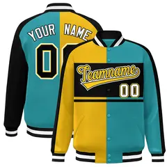 Gold Aqua-Black Color Block Bomber Varsity Baseball Jacket