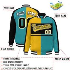 Gold Aqua-Black Color Block Bomber Varsity Baseball Jacket 2