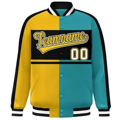 Gold Aqua-Black Color Block Bomber Varsity Baseball Jacket 3