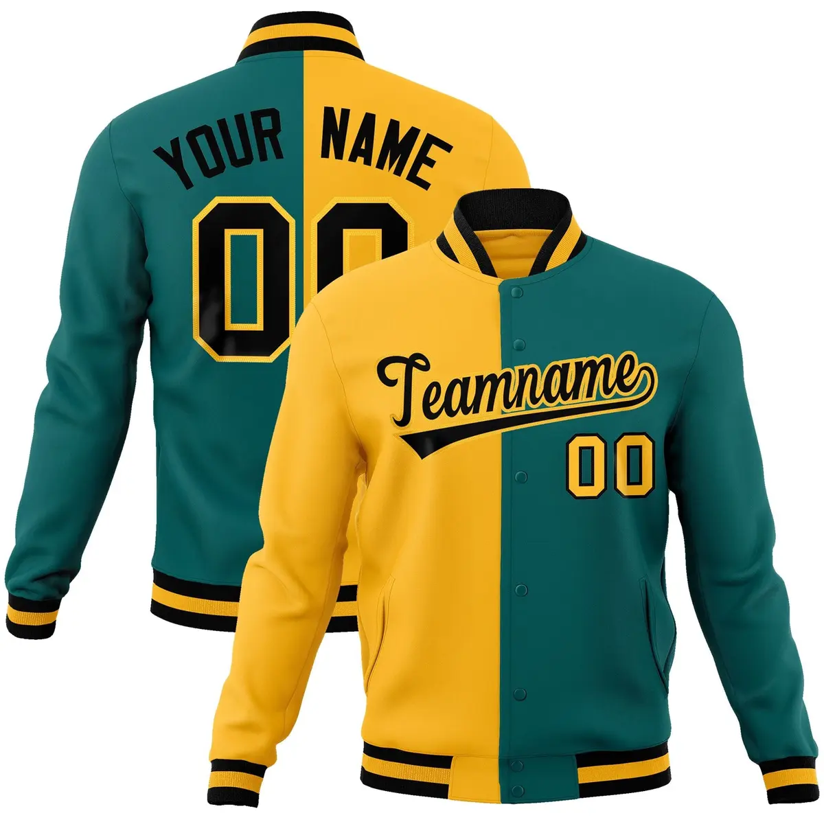 Gold Aqua-Black Two Tone Split Varsity Letterman Jacket