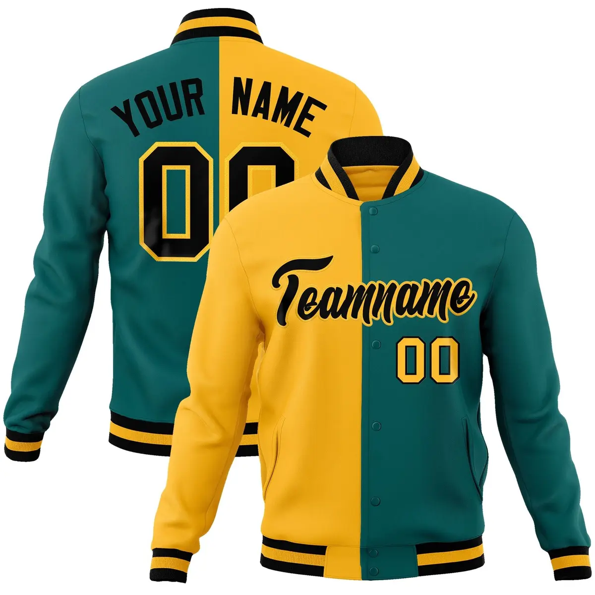 Gold Aqua-Black Two Tone Split Varsity Letterman Jacket