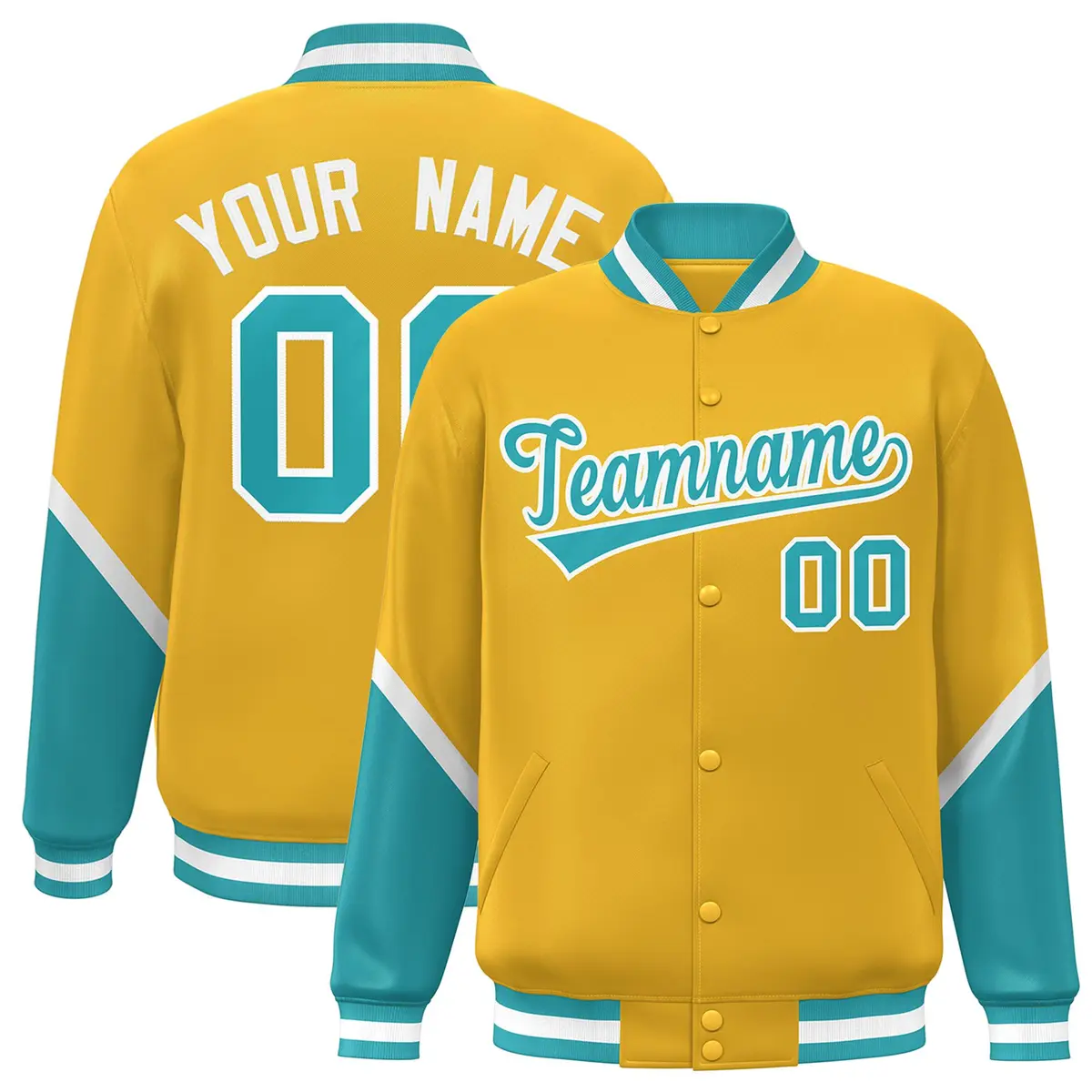 Gold Aqua Color Block Varsity Letterman Baseball Jacket
