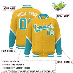 Gold Aqua Color Block Varsity Letterman Baseball Jacket 2