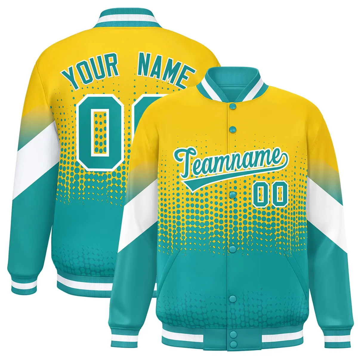 Gold Aqua Gradient Polka Dot Varsity Full-Snap Letterman Baseball Jacket