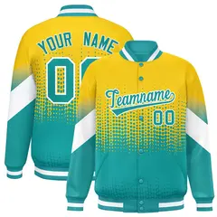 Gold Aqua Gradient Polka Dot Varsity Full-Snap Letterman Baseball Jacket