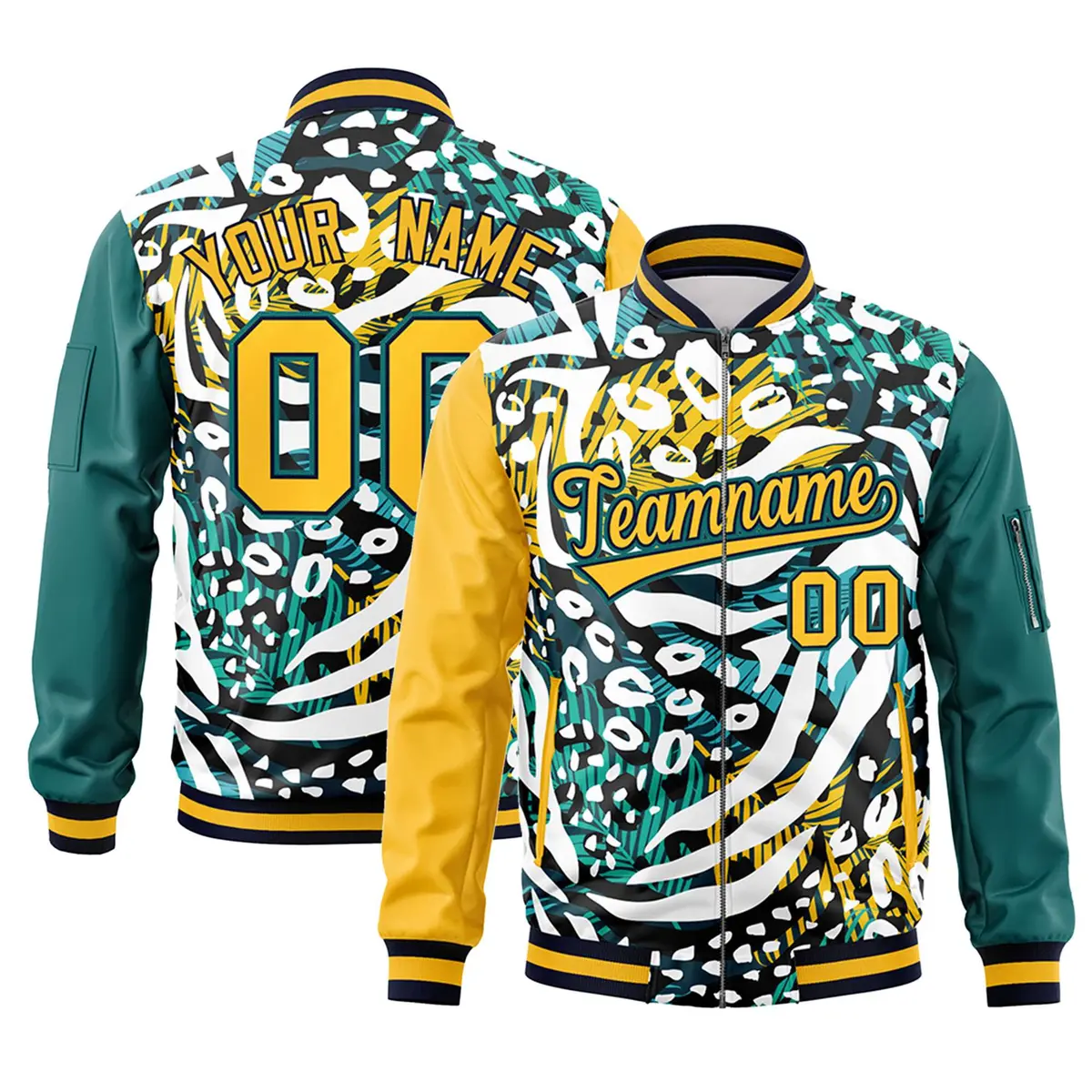 Gold Aqua Graffiti Pattern Full-Zip Varsity Letterman Bomber Jacket