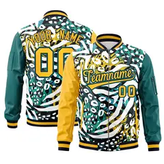 Gold Aqua Graffiti Pattern Full-Zip Varsity Letterman Bomber Jacket