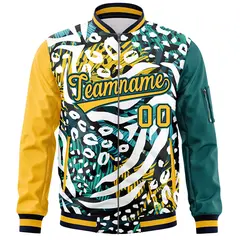 Gold Aqua Graffiti Pattern Full-Zip Varsity Letterman Bomber Jacket 3