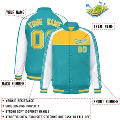 Gold Aqua K-Ribbon Raglan Color Block Full-Snap Letterman Jacket 2
