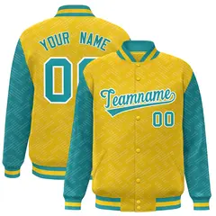 Gold Aqua L Pattern Varsity Raglan Full-Snap Letterman Baseball Jacket 1