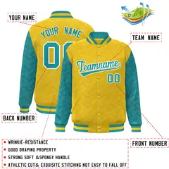 Gold Aqua L Pattern Varsity Raglan Full-Snap Letterman Baseball Jacket 2