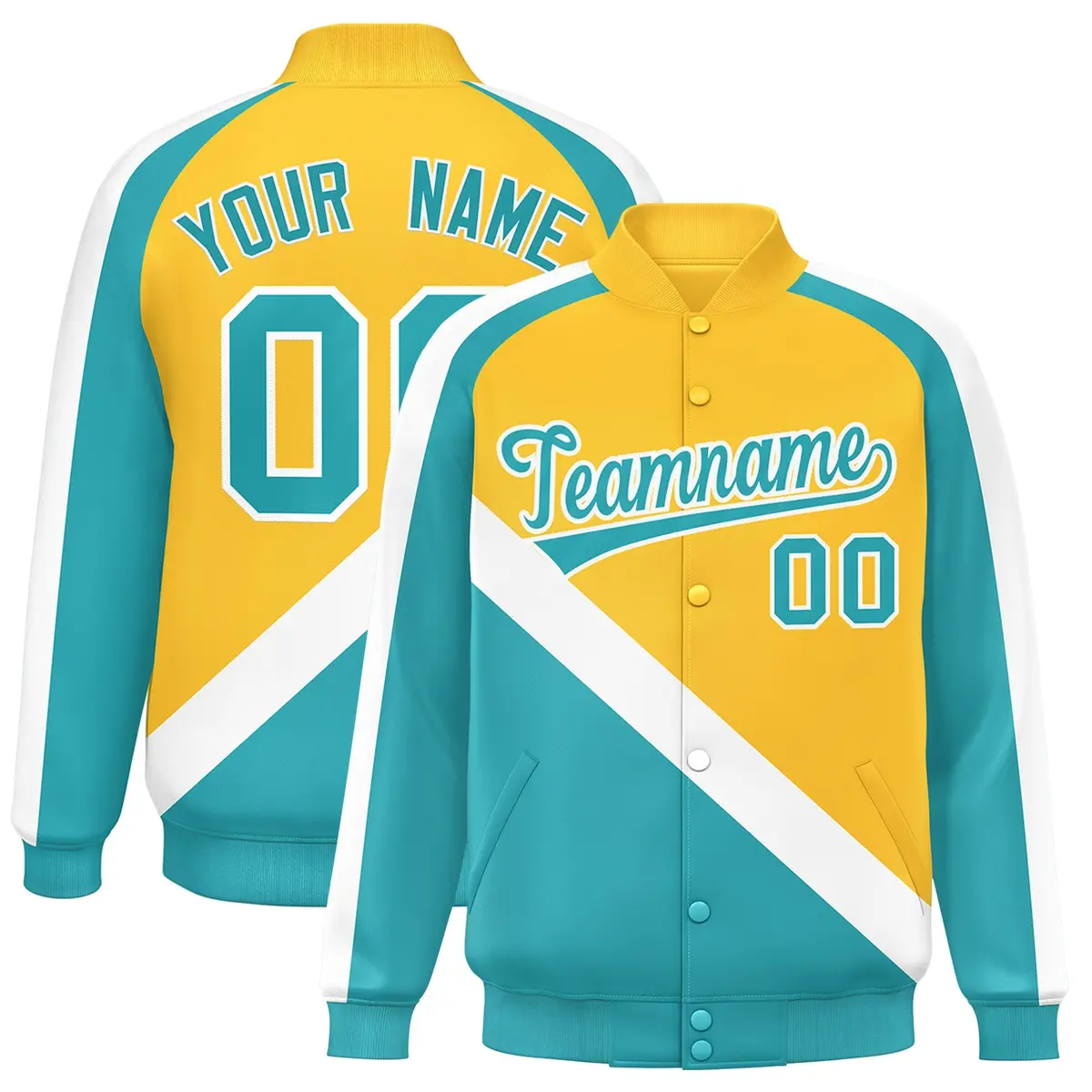 Gold Aqua Raglan Sleeves Varsity Full-Snap Letterman Jacket