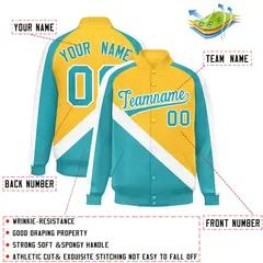 Gold Aqua Raglan Sleeves Varsity Full-Snap Letterman Jacket 2