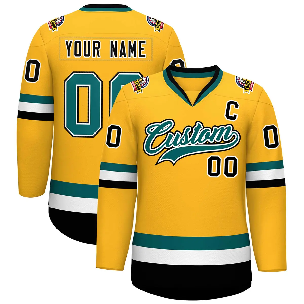 Gold Aqua White-Black Classic Hockey Jersey