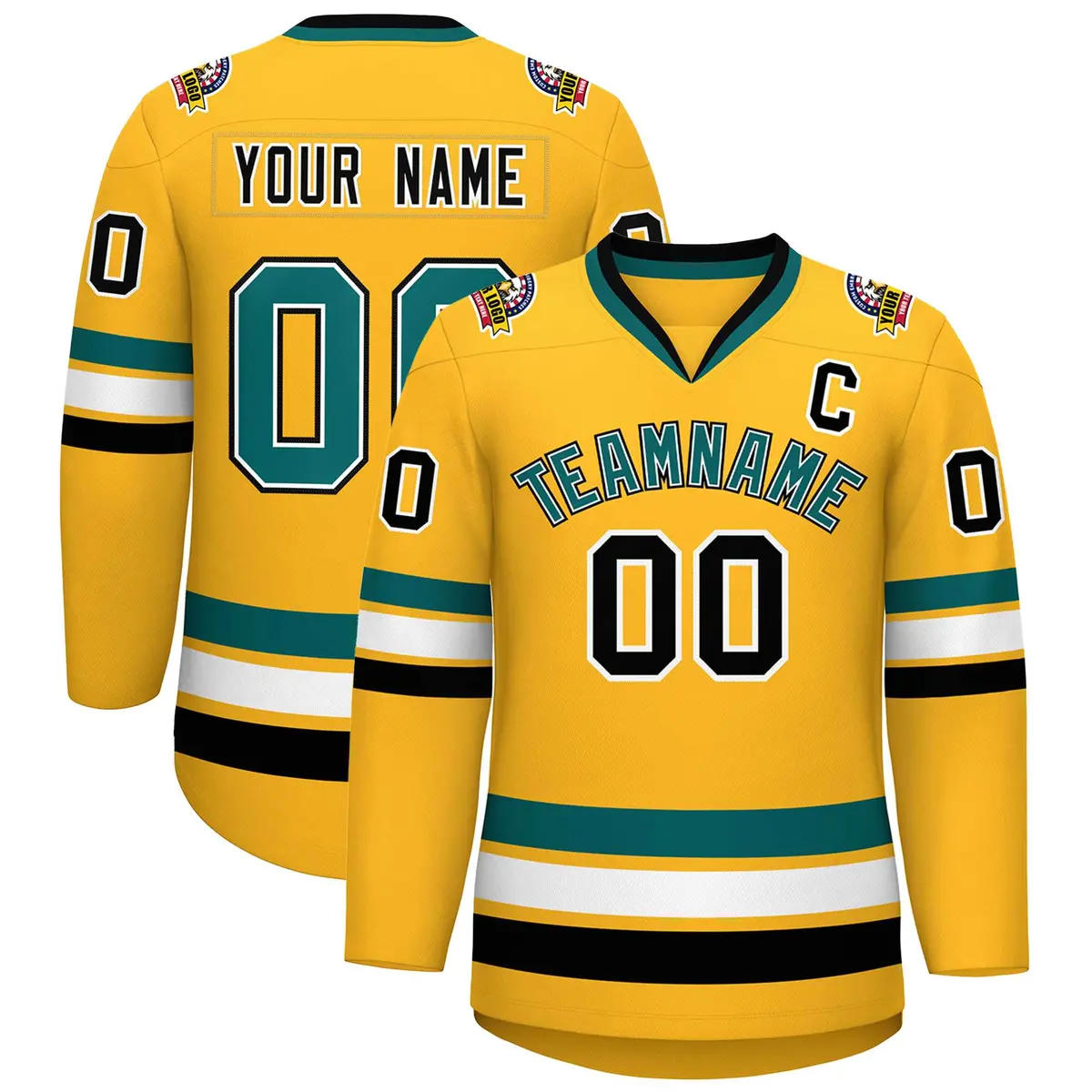 Gold Aqua White-Black Classic Hockey Jersey