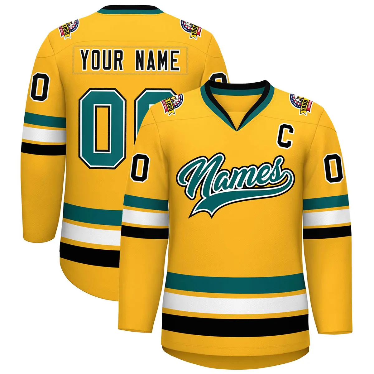 Gold Aqua White-Black Classic Hockey Jersey