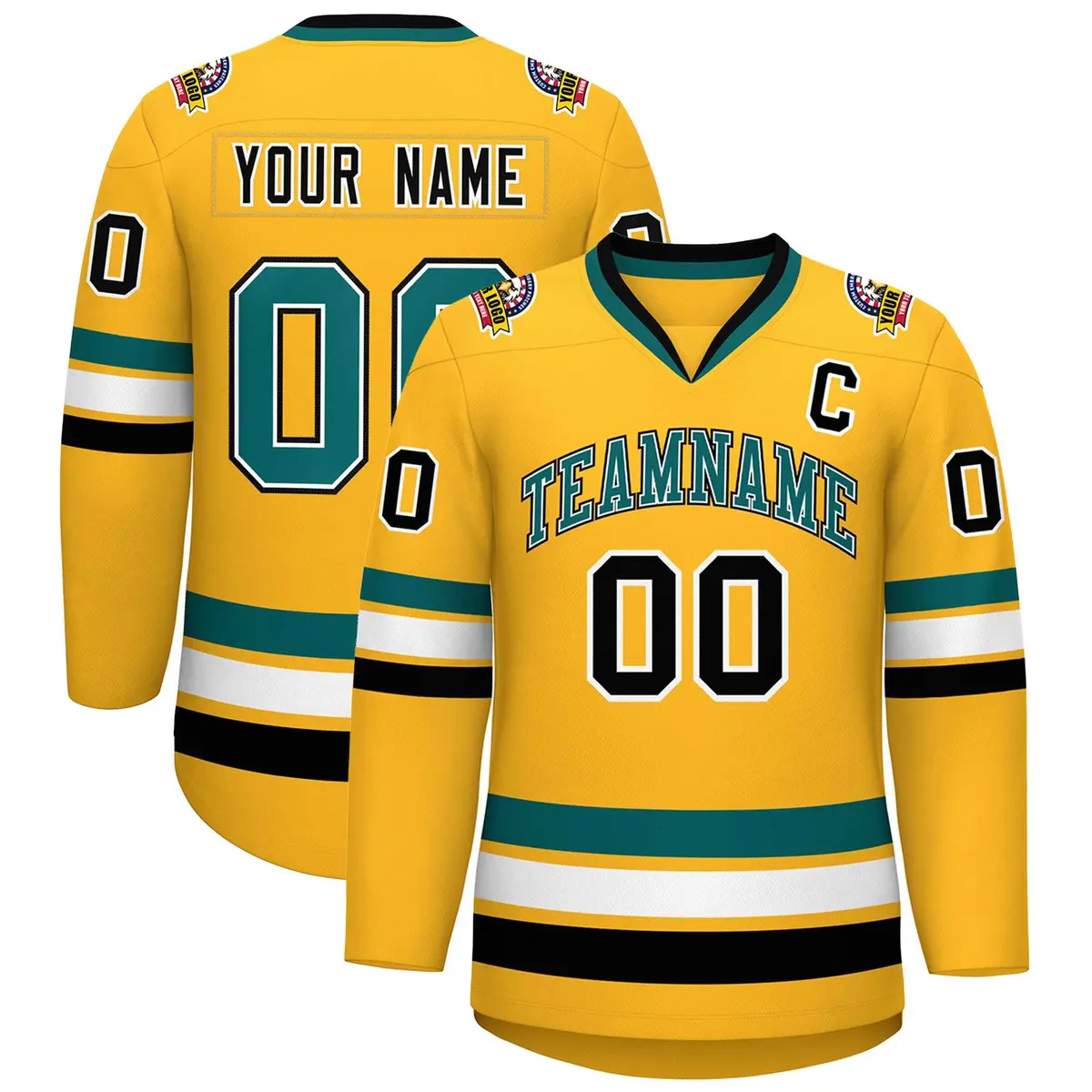 Gold Aqua White-Black Classic Hockey Jersey