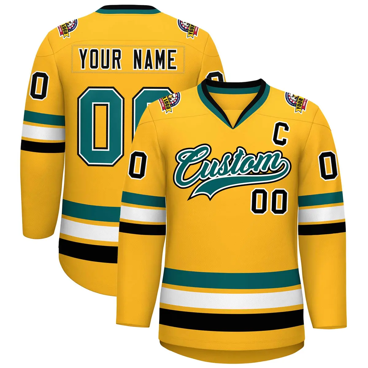 Gold Aqua White-Black Classic Hockey Jersey