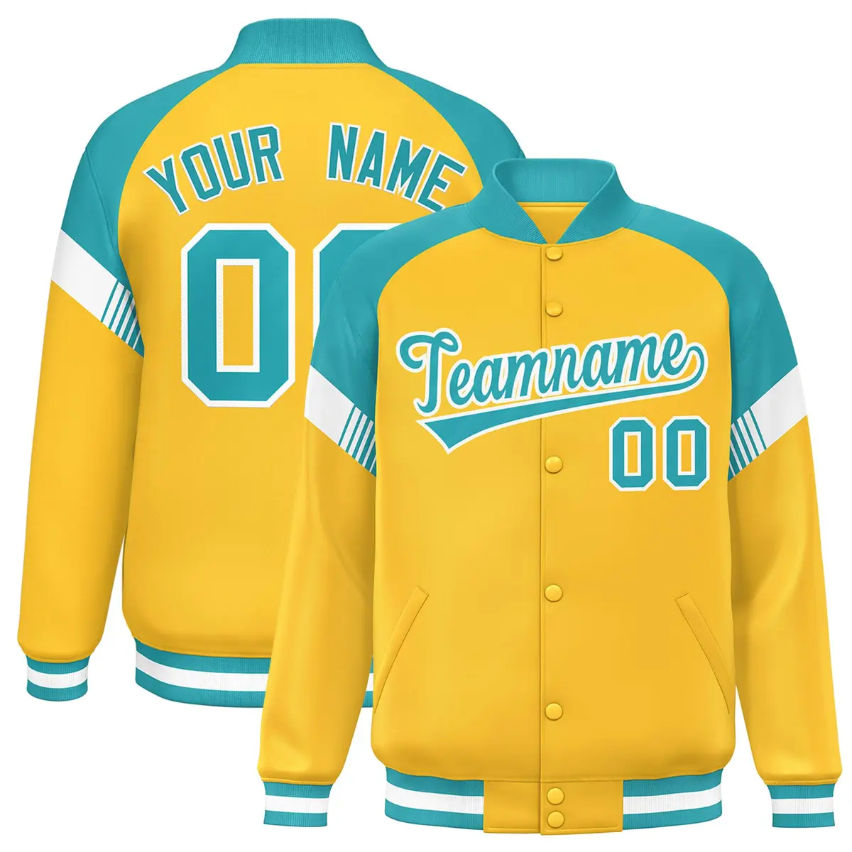 Gold Aqua-White Color Block Varsity Full-Snap Letterman Jacket