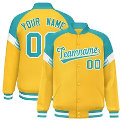 Gold Aqua-White Color Block Varsity Full-Snap Letterman Jacket