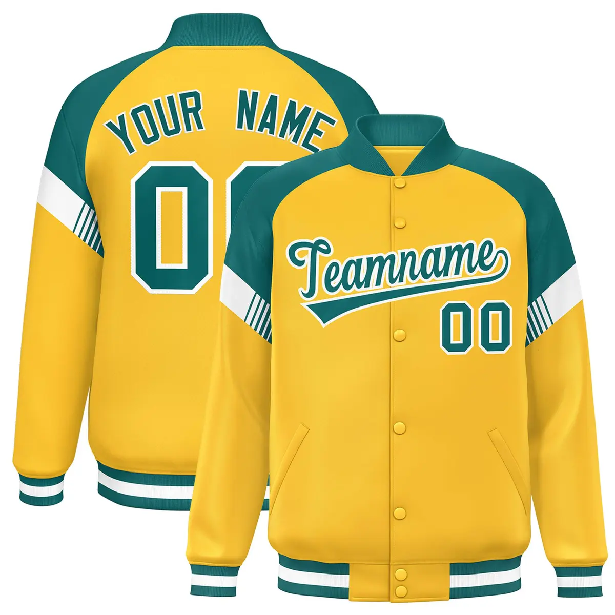Gold Aqua-White Color Block Varsity Full-Snap Letterman Jacket