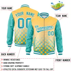 Gold Aqua-White Grid Color Block Letterman Raglan Full-Zip Varsity Jacket 2