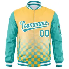 Gold Aqua-White Grid Color Block Letterman Raglan Full-Zip Varsity Jacket 3
