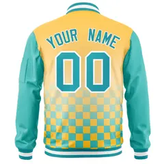 Gold Aqua-White Grid Color Block Letterman Raglan Full-Zip Varsity Jacket 4