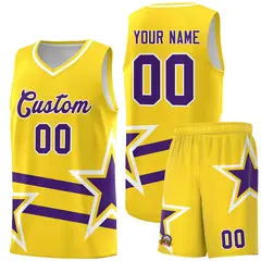 Gold Basketball Kit with Purple Star Pattern and Double Lines