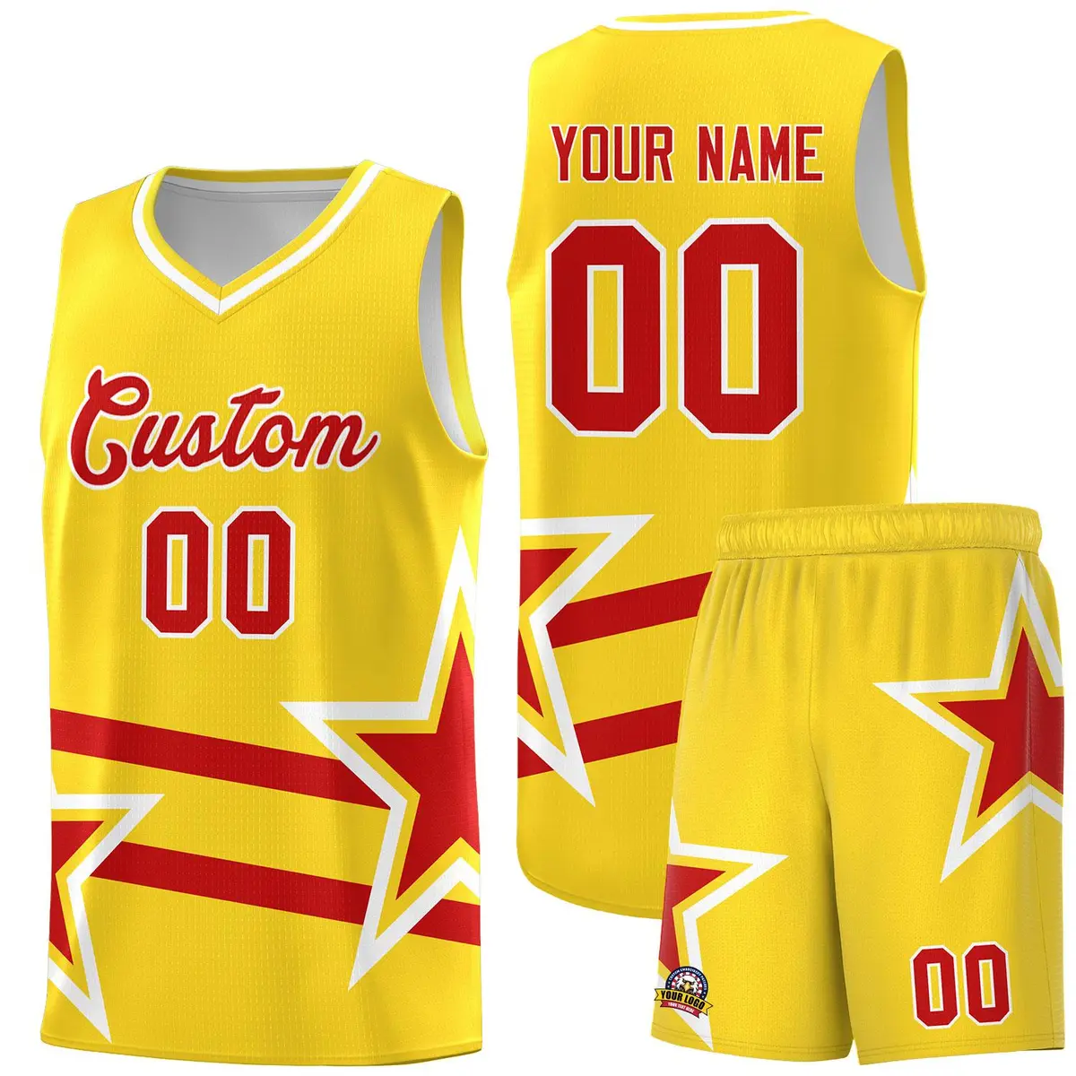 Gold Basketball Kit with Red Star Pattern and Double Lines