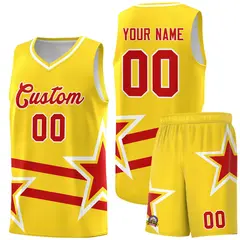 Gold Basketball Kit with Red Star Pattern and Double Lines