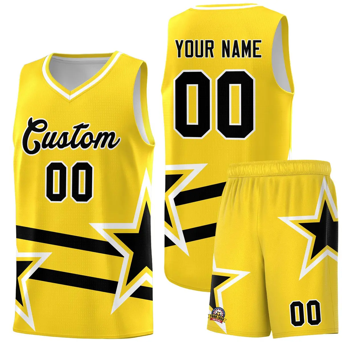 Gold Basketball Kits Black Star Pattern And Double Lines