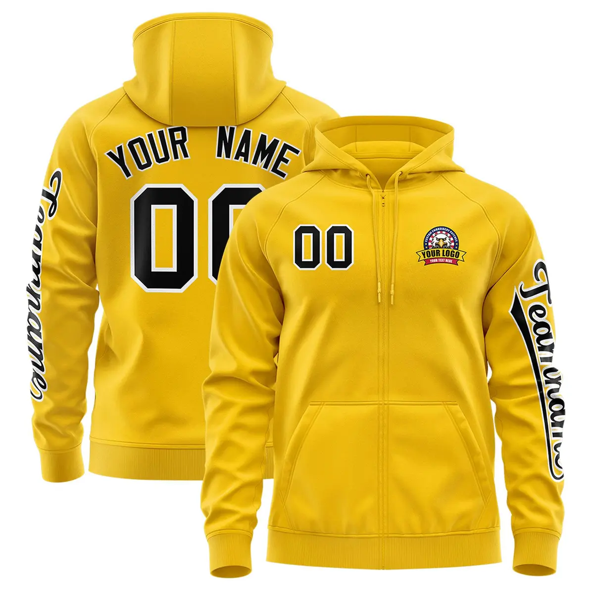Gold Black Classic Varsity Full-Zip Letterman Jacket Hoodie