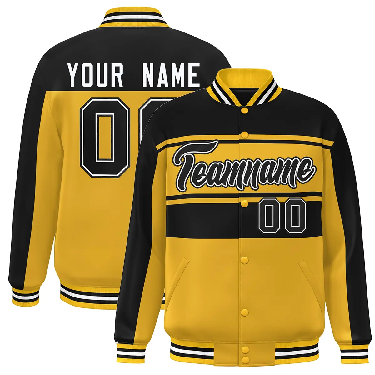 Gold Black Color Block Varsity Full-Snap Bomber Jacket