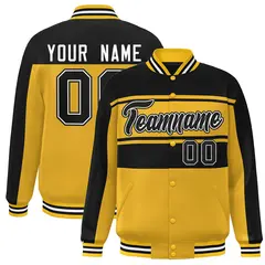 Gold Black Color Block Varsity Full-Snap Bomber Jacket