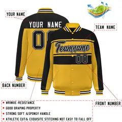 Gold Black Color Block Varsity Full-Snap Bomber Jacket 2
