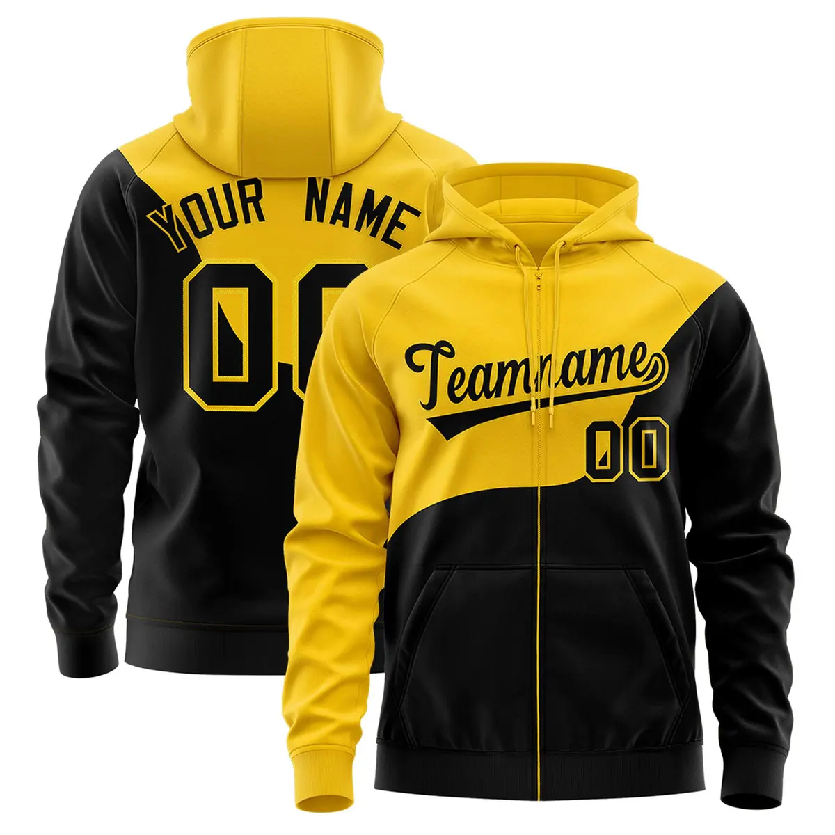 Gold Black Color Block Varsity Full-Zip Letterman Wave Jacket Hoodie