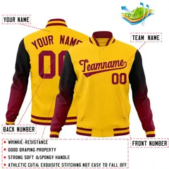 Gold Black Crimson Gradient Raglan Full-Snap Letterman Jacket 2