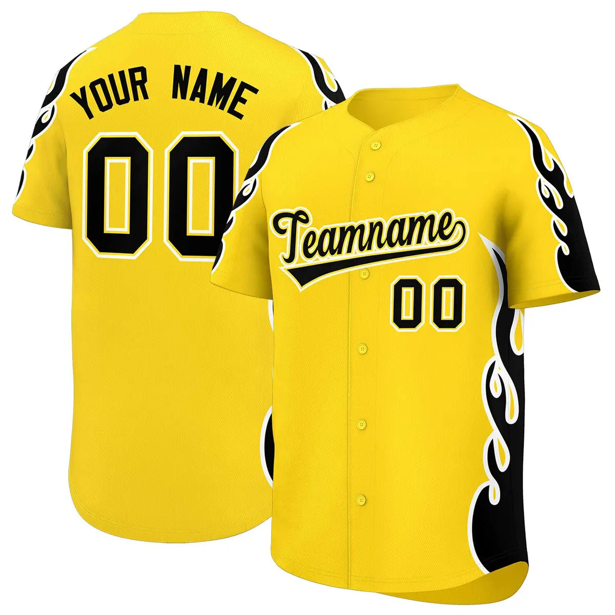 Gold Black Flame Outline Side Pattern Baseball Jersey